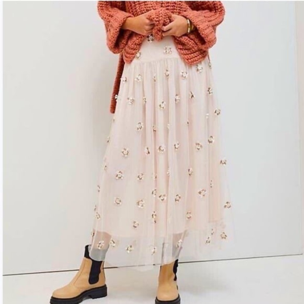 Anthropologie Cream 3D Floral Midi Skirt